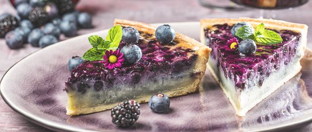 Sweet Cheese cakes with berries, mint and whipped cream. Top view - Zdjęcie, obraz