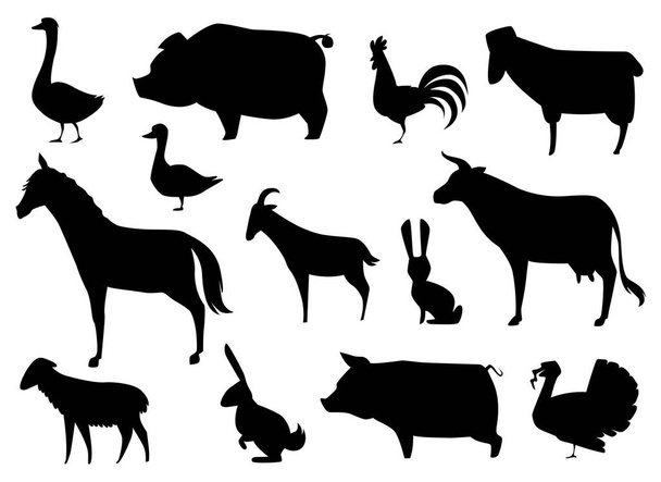 Vector Farm Animals Silhouettes Isolated on White. - Vector, Image