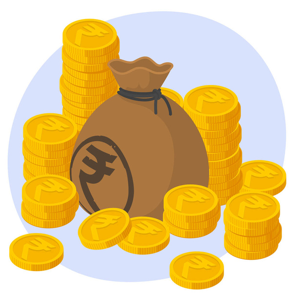 Safe and secure Indian Rupee investments. Stack of gold coins and bag of money and business protection vector concept. - Vector, Image