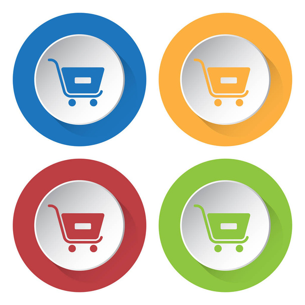 conjunto de cuatro botones e iconos de colores redondos - carrito de compras menos, quitar
 - Vector, imagen