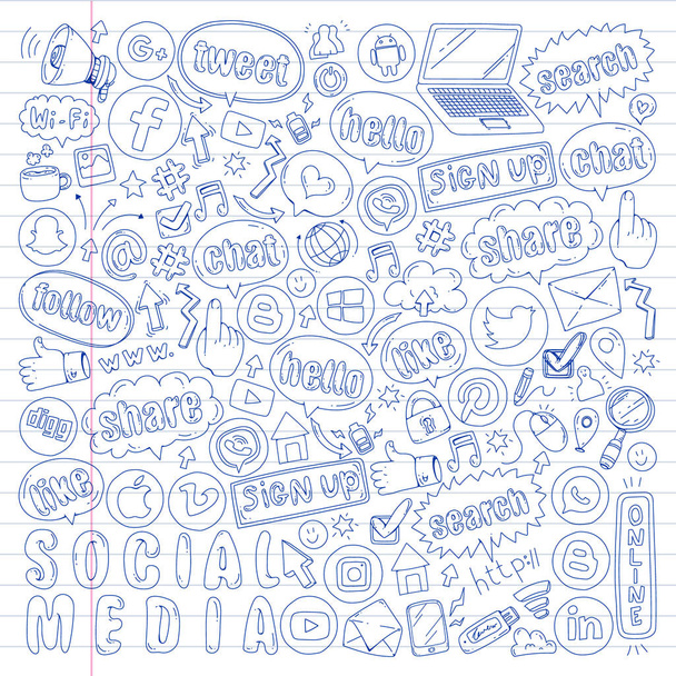 Iconos de redes sociales y trabajo en equipo. Doodle imágenes. Gestión, negocios, infografía
. - Vector, imagen