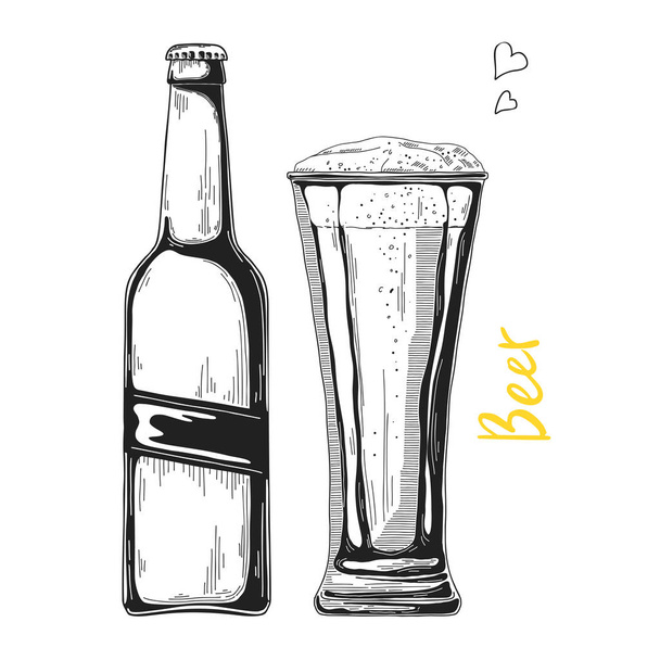 Bottle of beer. Glass with beer. Vector illustration of a sketch style. - Vector, Image