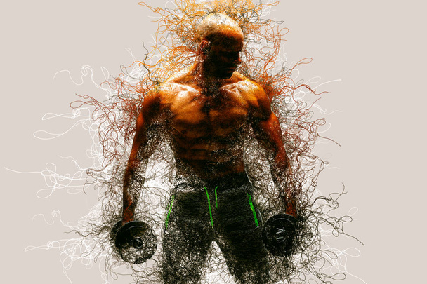 Résumé Homme de bodybuilder fort pompant les muscles. bodybuilding génétique concept arrière-plan
. - Photo, image