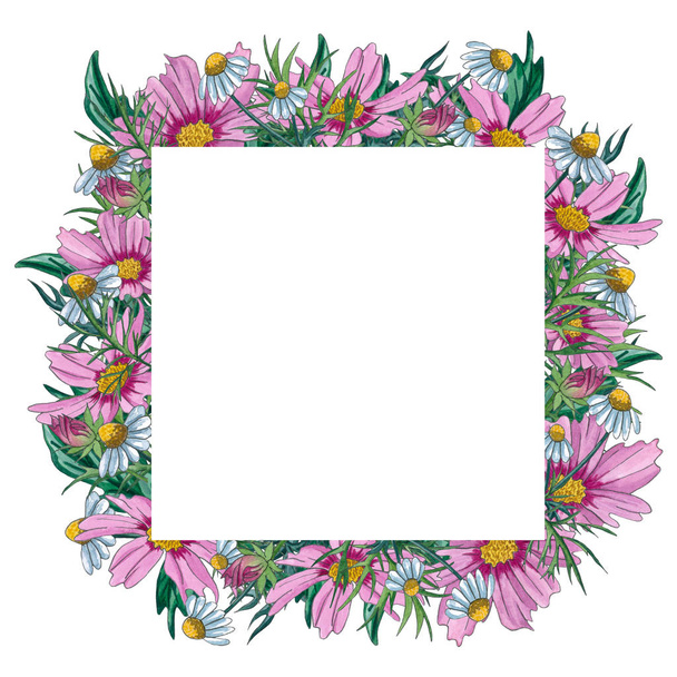 Watercolor floral frames with wild flowers and leaves. Flowers frame template. Design for invitations and postcards. - 写真・画像