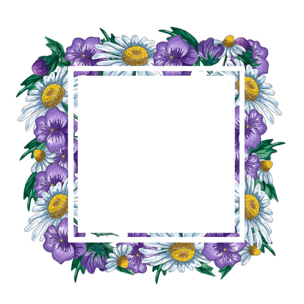 Aquarell florale Rahmen mit wilden Blumen und Blättern. Blumenrahmenvorlage. Design für Einladungen und Postkarten. - Foto, Bild