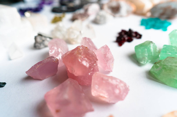 Collection of beautiful precious stones on white table. - Photo, Image