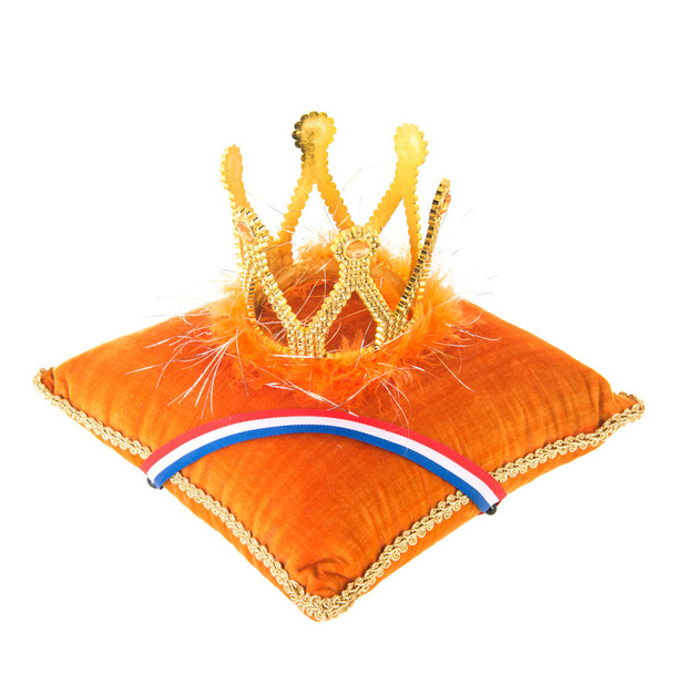 Dutch Orange royal velvet pillow with crown isolated over white background - Valokuva, kuva