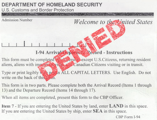 Detalle de un formulario denegado de aduana y protección fronteriza de inmigración de Estados Unidos (I-94) - Foto, imagen