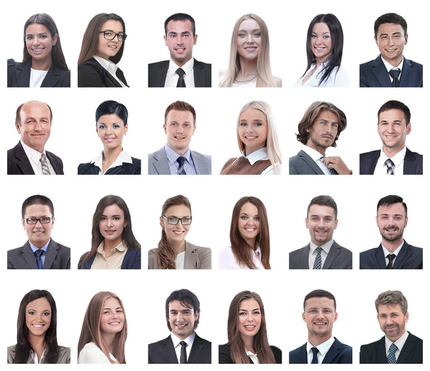 Collage von Porträts erfolgreicher Mitarbeiter isoliert auf Weiß - Foto, Bild