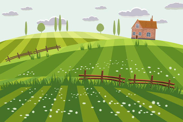 Paisaje rural, casa rural, primavera, verano, prados verdes, campos, flores silvestres, colinas, árboles en el horizonte, cerca, vector, ilustración, aislado, estilo de dibujos animados
 - Vector, imagen