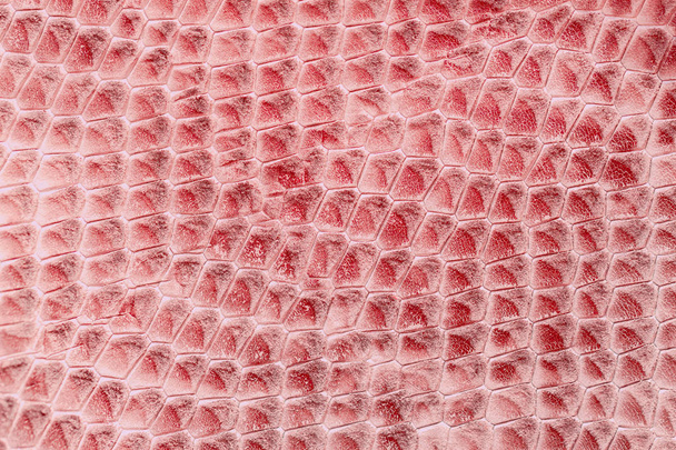 Texture of red genuine leather close-up, with embossed scales reptiles, the trend pattern for wallpaper or banner design. With place for your text - Fotoğraf, Görsel