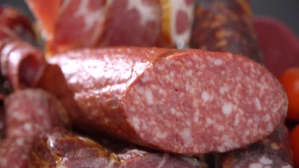 Sliced smoked sausage and ham - Footage, Video