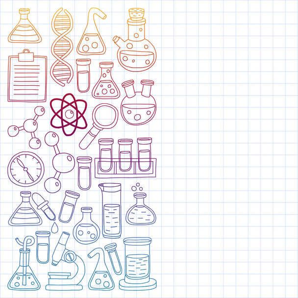 Conjunto vectorial de química, iconos científicos. Patrón con imágenes de equipos de laboratorio
. - Vector, Imagen
