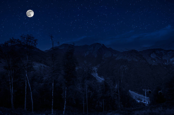Прекрасний нічний пейзаж з зоряними нічними горами та лісом. Нічний ліс з зеленим лугом і горами в яскраву зоряну ніч або вид на молочний шлях
 - Фото, зображення
