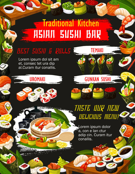 Japanese suhi with sauce and chopstics. Bar menu - Vector, Image