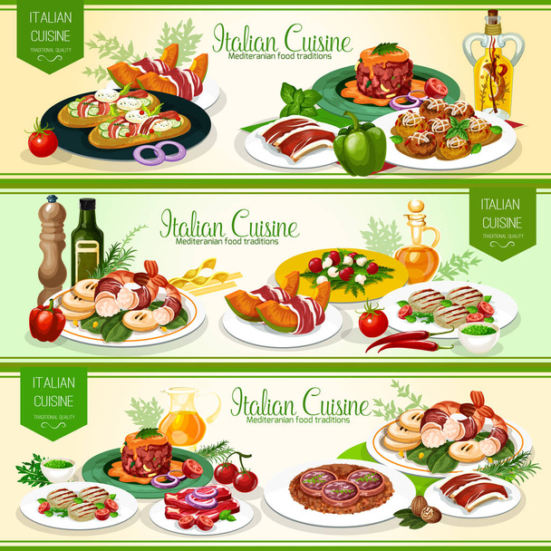 Πιάτα με ιταλική κουζίνα κρέας με λαχανικά, ψωμί - Διάνυσμα, εικόνα