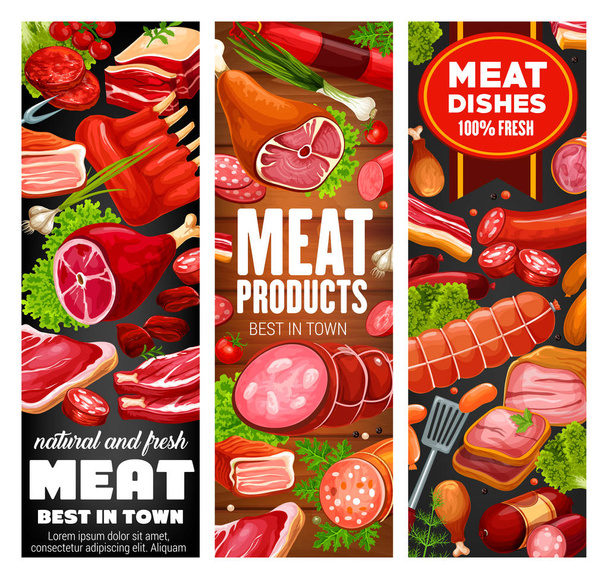 Kiełbasa z mięsa, wołowiny i wieprzowiny, salami, szynka i boczkiem - Wektor, obraz