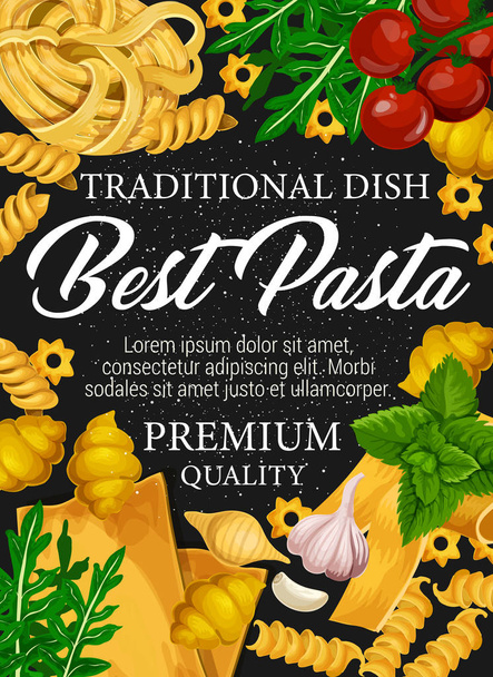 italienische Pasta, Spaghetti und Fusilli mit Gewürzen - Vektor, Bild