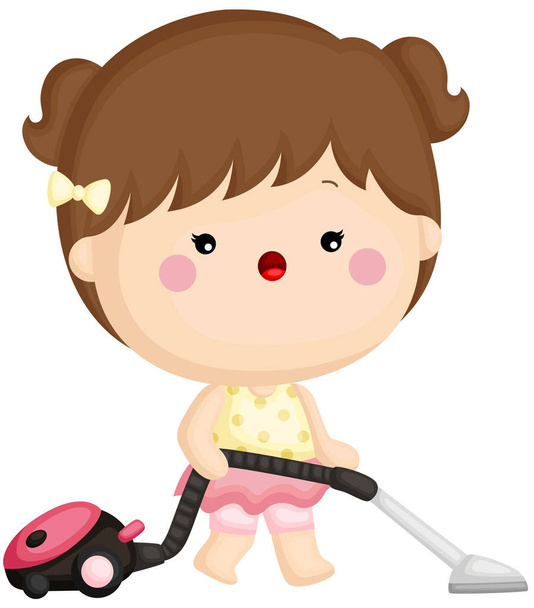 A vector set of a cute little girl cleaning room with vacuum cleaner - Вектор, зображення