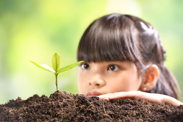 Una niña plantando plantas jóvenes en el suelo con la esperanza de un buen ambiente
 - Foto, Imagen