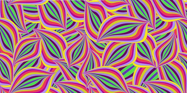 Seamless bright colorful summer pattern with purple, pink, yellow, green abstract waves or leaves. vibrant textile print with petal ornament. illustration, rectangle banner, poster, template. - Photo, Image