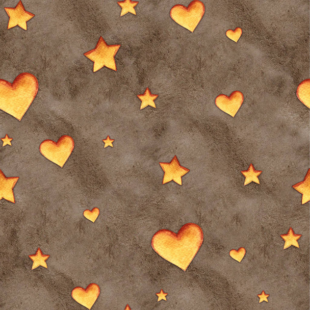 Cute abstract watercolor seamless pattern with hearts and stars. - Φωτογραφία, εικόνα