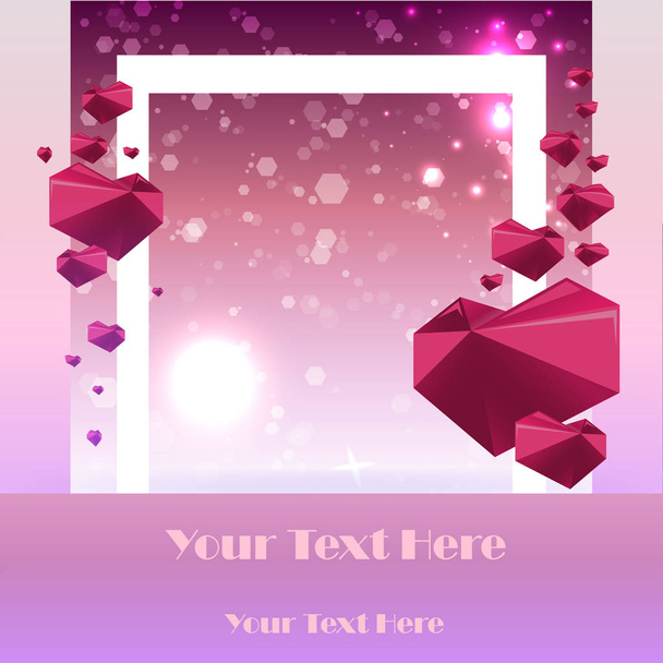 ピンクと紫の色、ペーパー クラフト、エレガントな未来的なデザイン、ベクター web と印刷の近代的な概念を背景にボケ味を持つ幾何学的な多角形の心と創造的なバレンタインの日カード テンプレート.  - ベクター画像