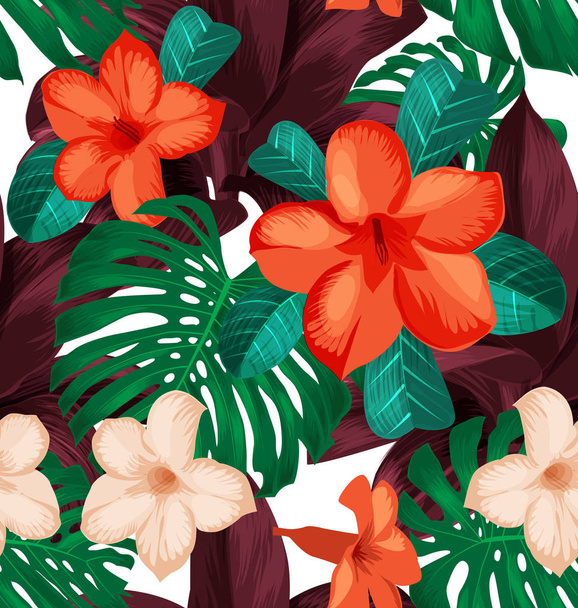 Бесшовный цветочный узор с тропическими цветами. Листья бесшовные узор в гавайском стиле использовать для печати ткани, текстиля, обои, фон
 - Вектор,изображение