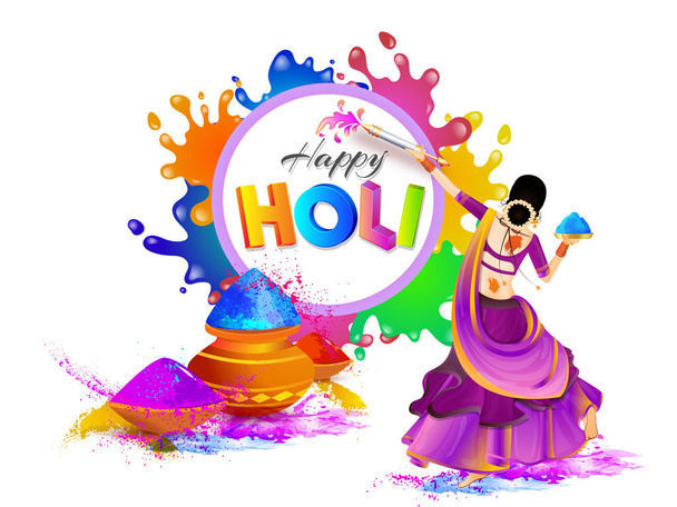 Indian festival of colors celebration poster or banner design, dancing character of woman with color pots for Holi celebration. - Vector, Image
