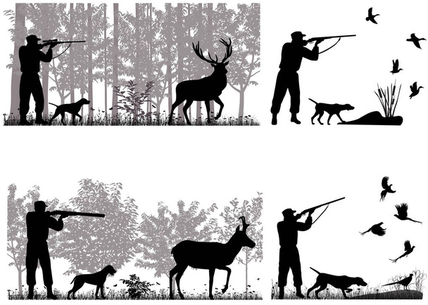   El hombre con perro está cazando ciervos, cuernos, patos y faisanes.
 - Vector, Imagen