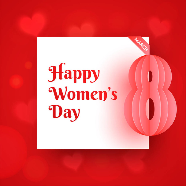 Paper origami or text 8 with stylish lettering of Happy Women's Day on bokeh heart decorated red background. - Vecteur, image