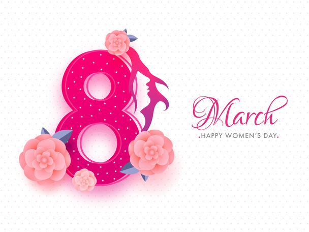 Glossy pink text 8 with girl face and decorative paper flowers on dotted background. Can be used as Women's Day greeting card design. - Vector, Image