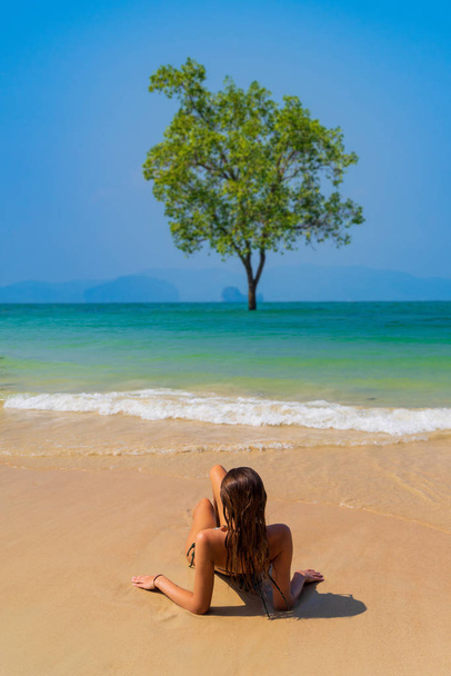 Cute woman relaxing on the summer tropical beach. winter vacation in Paradise. - Fotografie, Obrázek