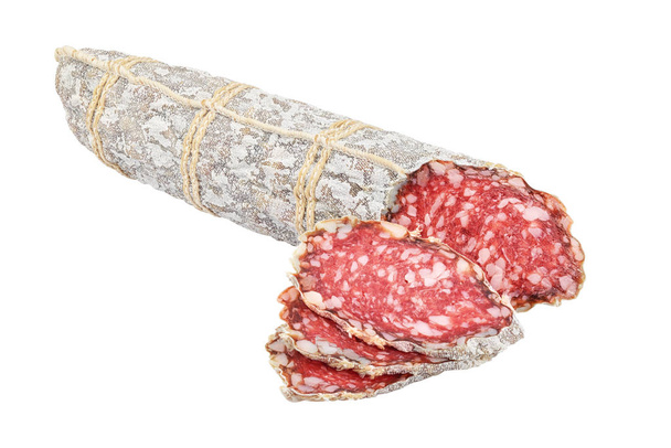 Gesneden salami worst geïsoleerd op een witte achtergrond  - Foto, afbeelding
