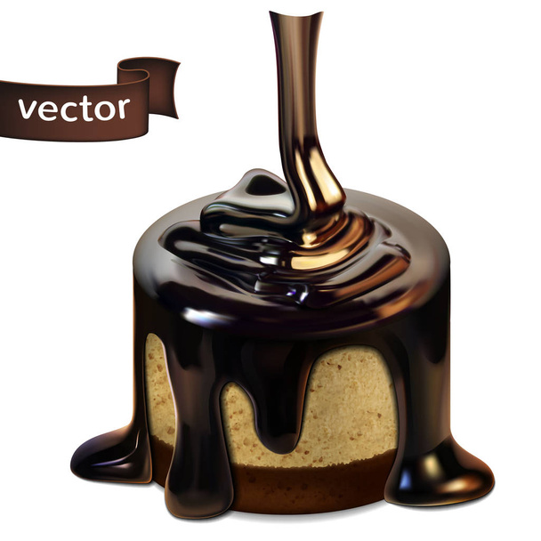 Biscuit cake on which the glossy chocolate icing flows. Highly realistic illustration. - Vektor, Bild