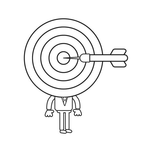 Vektor Illustration Konzept des Geschäftsmannes Charakter mit Bullenauge Kopf und Dart in der Mitte. schwarzer Umriss. - Vektor, Bild