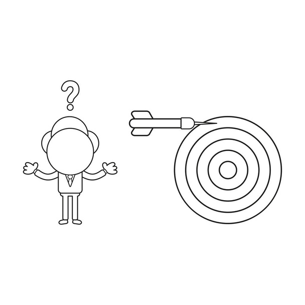 Vektorové ilustrace koncept zmatený podnikatel charakteru s býků oko a dart minout cíl. Černý obrys. - Vektor, obrázek