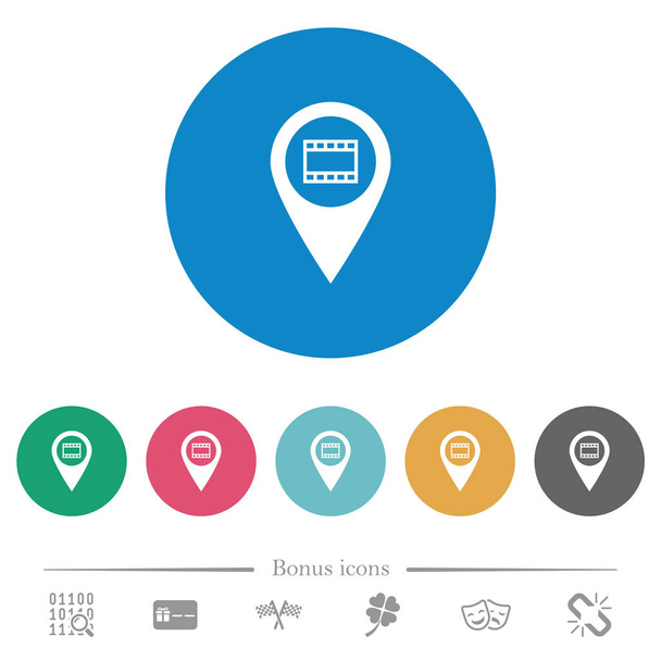 Cinema GPS mapa localização plana ícones brancos em fundos de cor redonda. 6 ícones de bônus incluídos
. - Vetor, Imagem