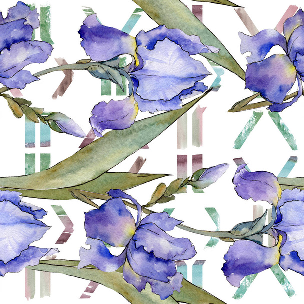 Purple iris floral botanical flower. Watercolor background illustration set. Seamless background pattern. - Foto, afbeelding