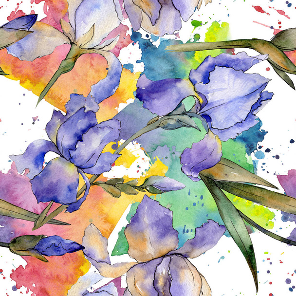 Paarse iris floral botanische bloem. Aquarel achtergrond afbeelding instellen. Naadloze achtergrondpatroon. - Foto, afbeelding