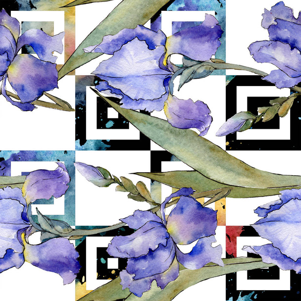 Purple iris floral botanical flower. Watercolor background illustration set. Seamless background pattern. - Foto, imagen