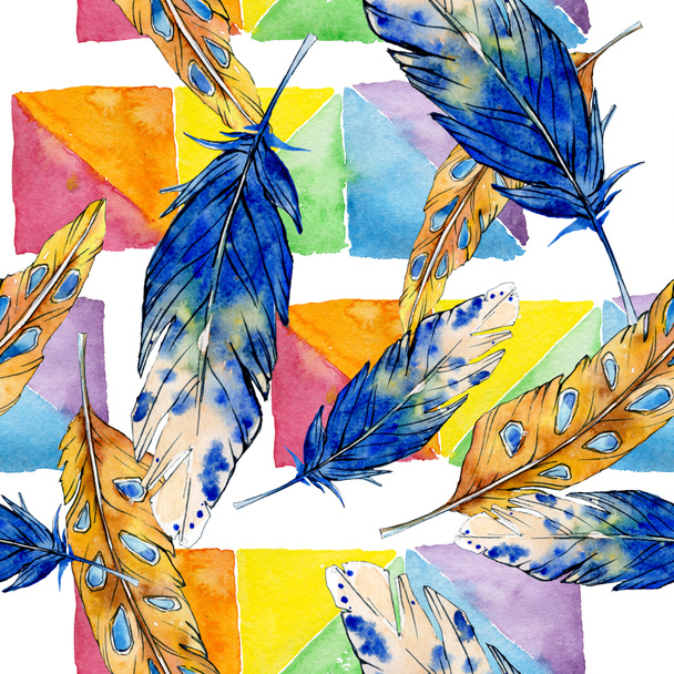 Watercolor bird feather from wing isolated. Seamless background pattern. - Fotografie, Obrázek