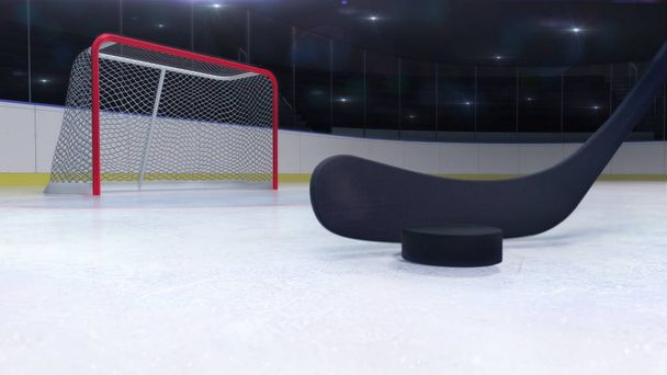 ice hockey stadium and goal gate with hockey stick front and camera flash behind and camera flash behind, ice hockey and skating stadium indoor 3D render illustration background - Foto, Bild