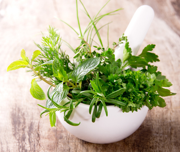 Mortar with herbs - Photo, Image