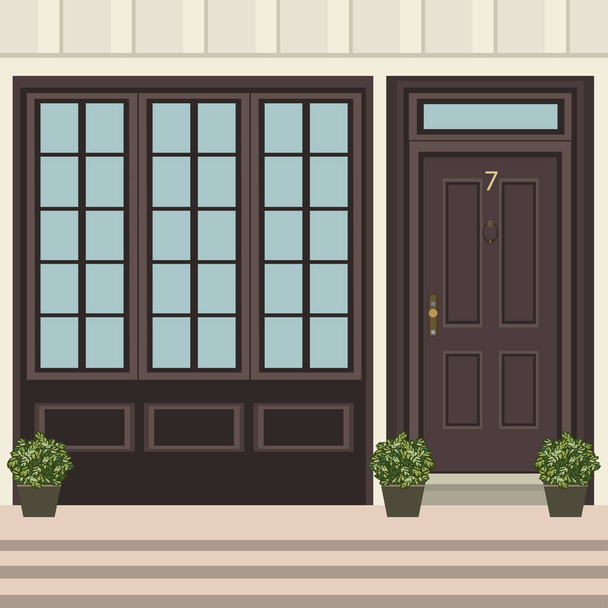 House door front with doorstep and  steps, window, flowers in pot, building entry facade, exterior entrance design illustration vector in flat style - Vector, Image