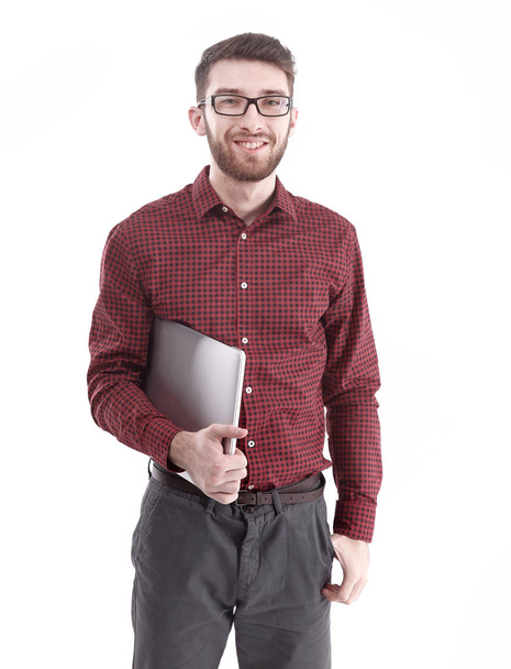 modern young man with a laptop. isolated on white - Φωτογραφία, εικόνα