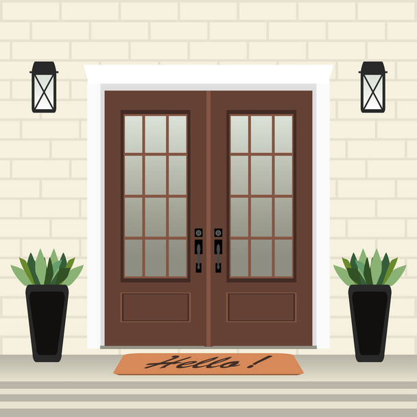 Входная дверь дома с дверью и ковриком, ступеньки, окно, лампа, цветы в горшке, фасад входа в здание, внешний дизайн иллюстрации вектор в плоском стиле
 - Вектор,изображение