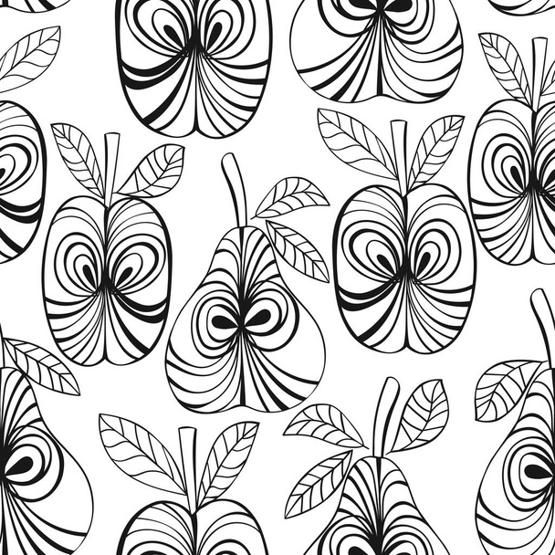 Seamless background of apples and pears in black outline on white background. - Вектор, зображення