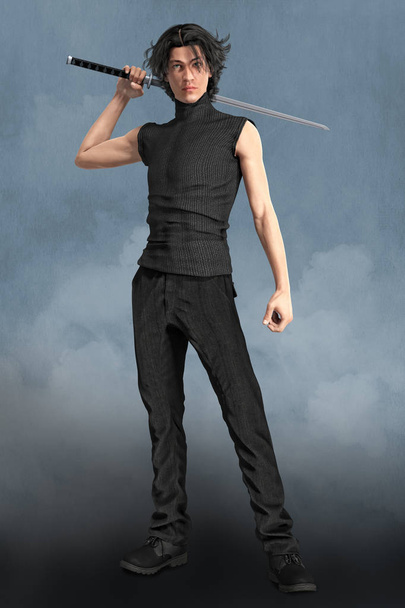 Rending of a Male 3D urban fantasy paranormal character holding a katana sword. This figure is rendered in a softer illustrative style particularly suited to book cover art and a range of artwork uses. One of a series. - Photo, Image