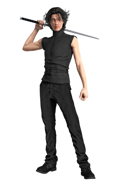 Rending of a Male 3D urban fantasy paranormal character holding a katana sword. This figure is rendered in a softer illustrative style particularly suited to book cover art and a range of artwork uses. One of a series. - Фото, изображение